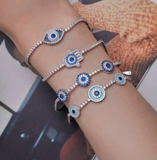 Sterling Silver Evil Eye / Devil’s Eye Bracelet | Hamsa, Box Chain Jewelry