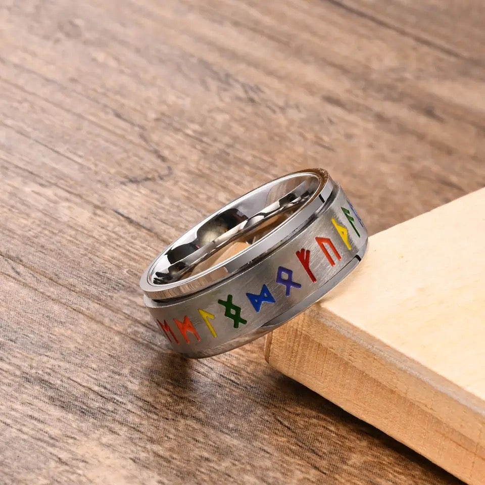 Rainbow Runic Silver Ring | LGBTQ, Nordic, Stainless Steel