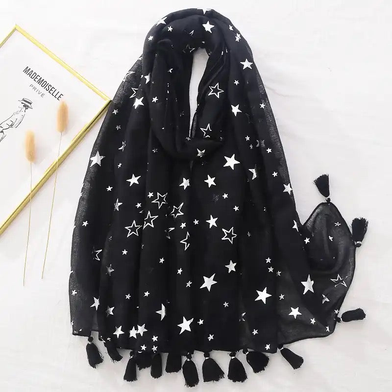 Starry Celestial Scarf | Black, Pink, Blue Silver Cosmic Stars Fashion Accessory
