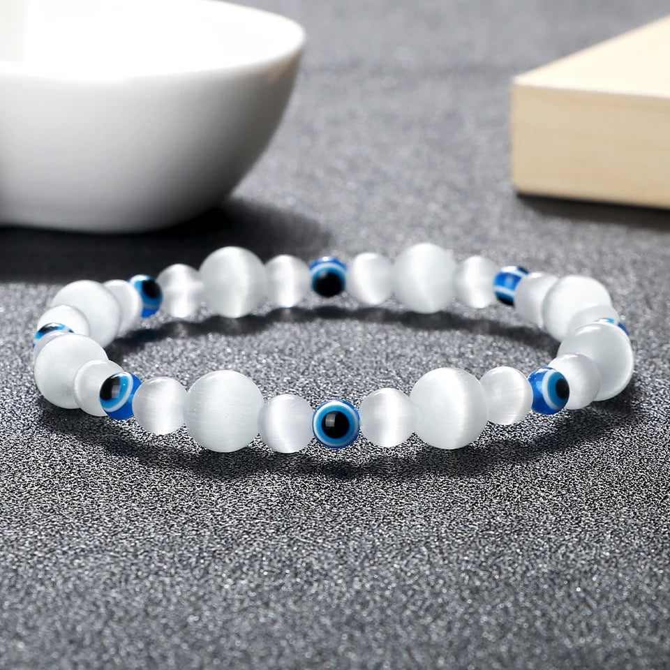 Frosted Evil Eye Beaded Bracelet | Hamsa Eye Style Jewelry