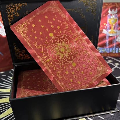 Red and gold foil tarot deck in presentation box