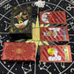 Red gold foil tarot deck with presentation box and card spread