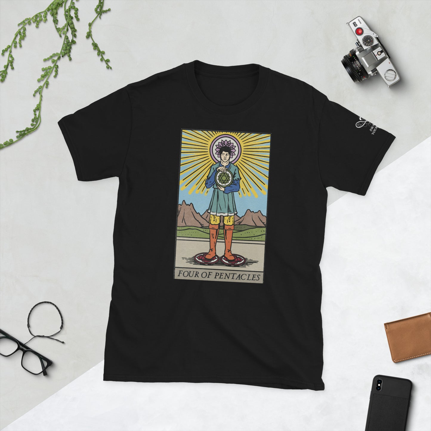 'Four of Pentacles' Tarot Card with Chakras Short Sleeve Unisex T-Shirt