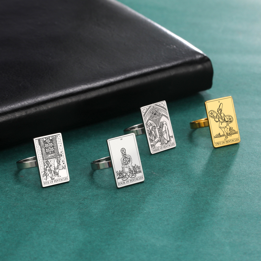 Engraved Tarot Card Ring - Stainless Steel Minor Arcana (Pentacles)