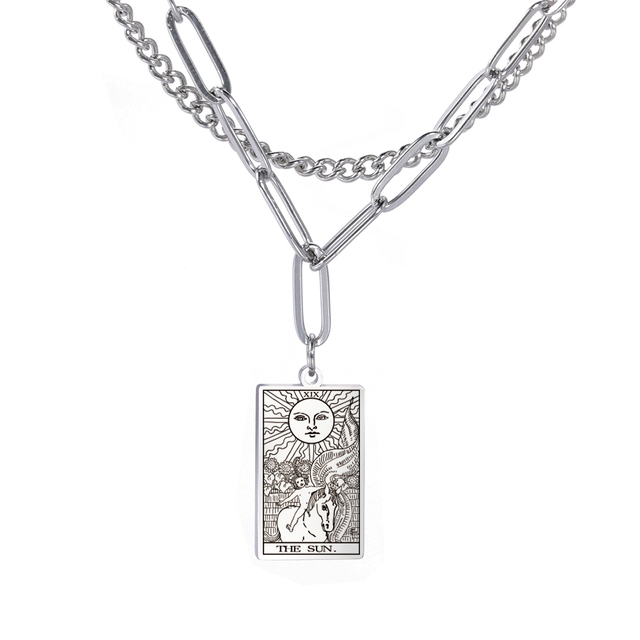 Engraved Tarot Card Chain Dual Chain Necklace - Stainless Steel Major Arcana