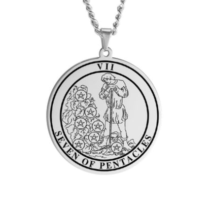 'Seven of Pentacles' Tarot Card, Minor Arcana Round Pendant - Necklace | Jewelry