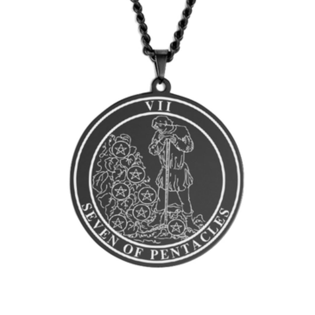 'Seven of Pentacles' Tarot Card, Minor Arcana Round Pendant - Necklace | Jewelry