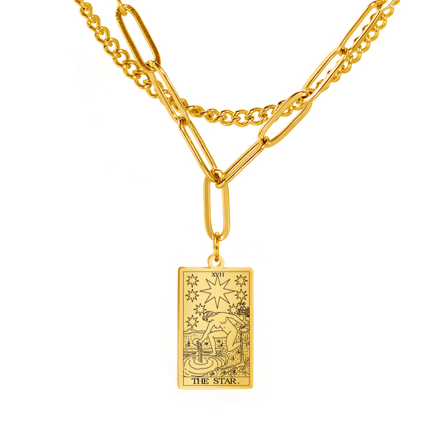 Engraved Tarot Card Chain Dual Chain Necklace - Stainless Steel Major Arcana