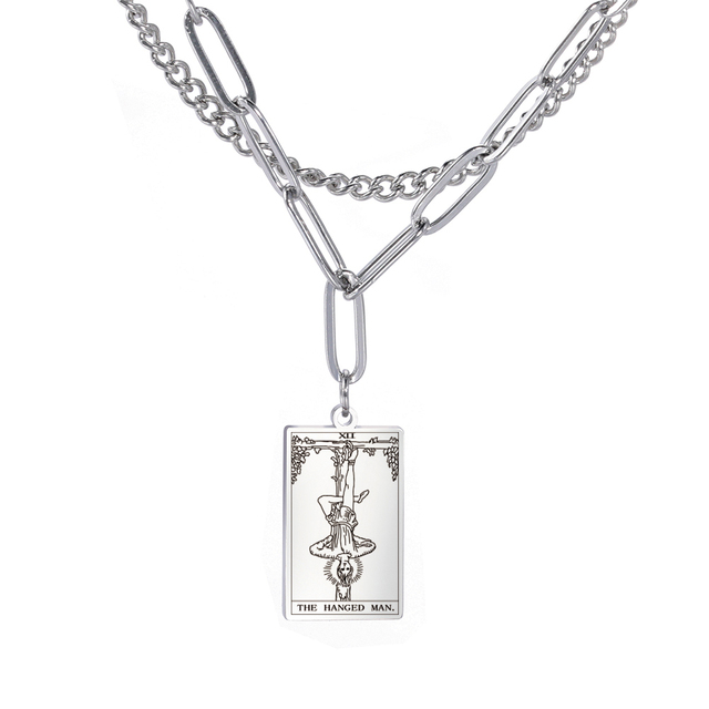 Engraved Tarot Card Chain Dual Chain Necklace - Stainless Steel Major Arcana