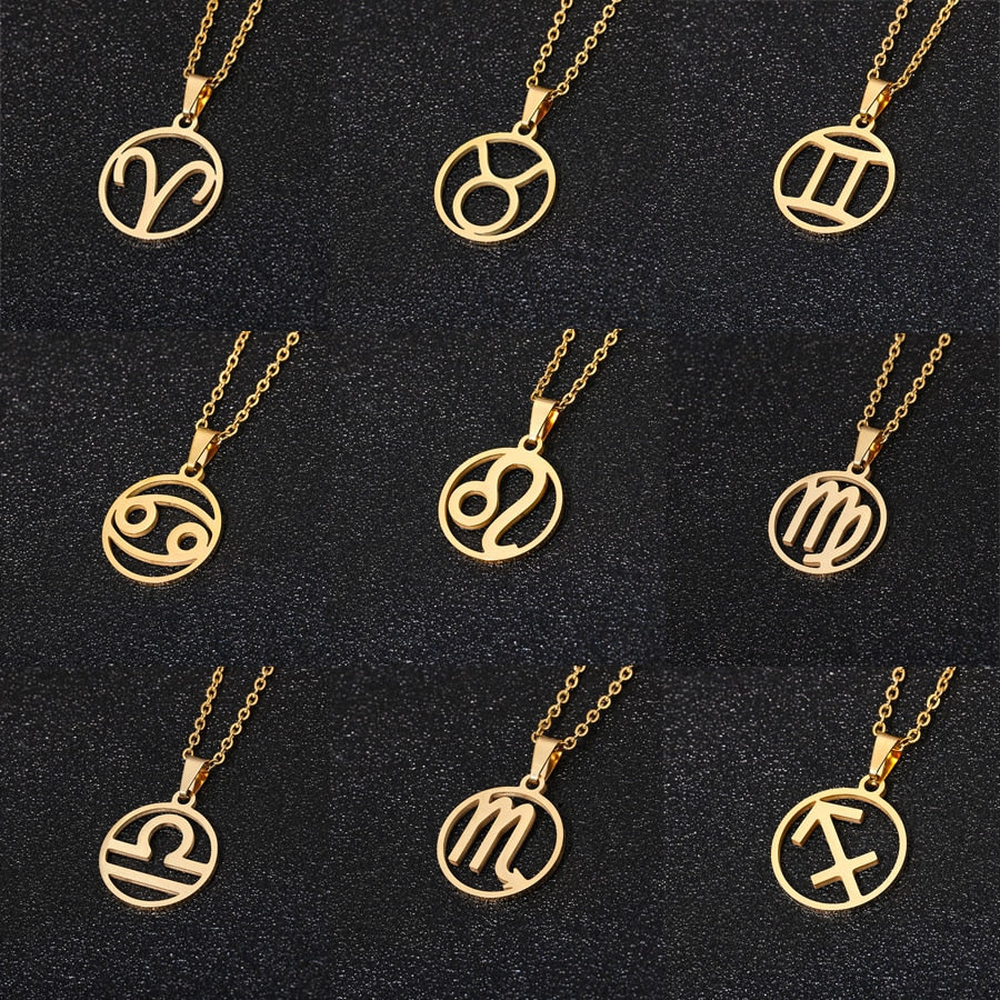 Rinhoo Stainless Steel Star Zodiac Sign Necklace 12 Constellation Pendant Necklace Women Chain Necklace Men Jewelry Gifts