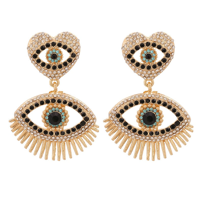 Evil Eye Gold Crystal Heart Drop Earrings | Spiritual Jewelry