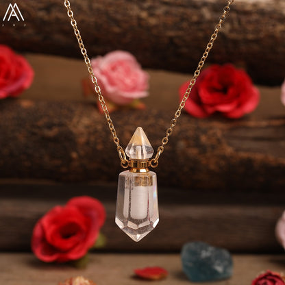 Natural Gems Stone Faceted Prism Perfume Bottle Pendants Necklace,Cut Hexagon Points Crystal Essential Oil Diffuser Vial Charms