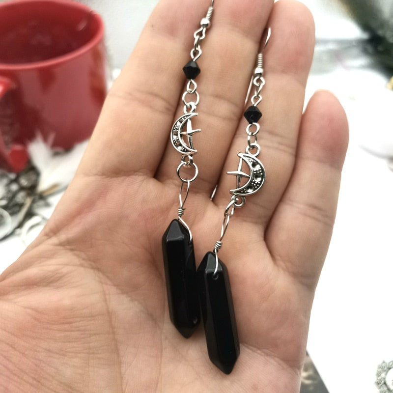 Quartz Crystal Crescent Earrings | Witch, Occult Style Jewelry
