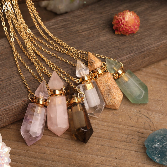 Natural Gems Stone Faceted Prism Perfume Bottle Pendants Necklace,Cut Hexagon Points Crystal Essential Oil Diffuser Vial Charms