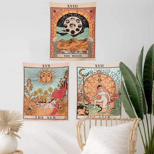 Tarot Flag Tapestry - The Sun, The Moon and The Star - Bohemian Cotton Printed Hand Made Wall Hanging Tapestries ,Pack of 3