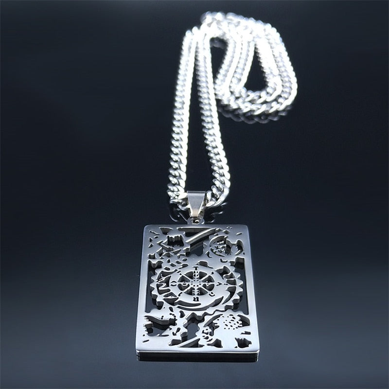 Stainless Steel 'Wheel Of Fortune Tarot Card Necklace | Rider-Waite-Smith Jewelry