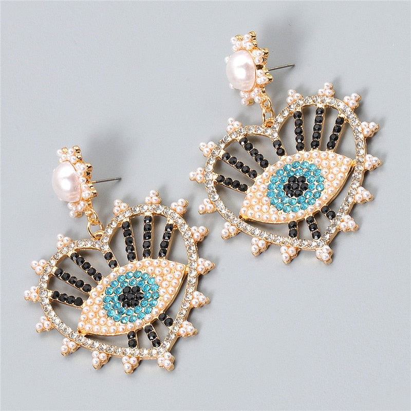 Evil Eye Crystal Pearl Heart Earrings | Spiritual Jewelry