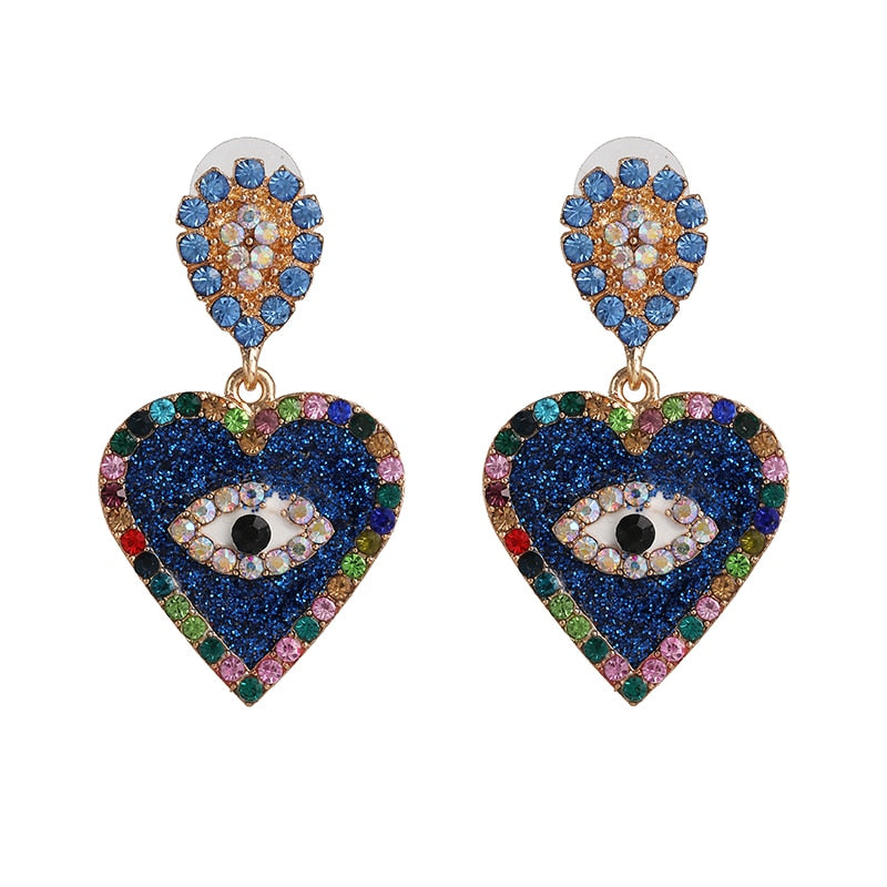 Evil Eye Crystal Heart Earrings (Blue) |Spiritual Jewelry)
