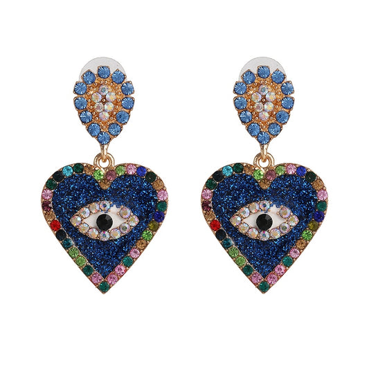 Evil Eye Crystal Heart Earrings (Blue) |Spiritual Jewelry)