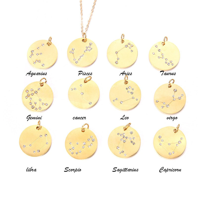 Minimalist Zodiac Sign Necklace | Gold/Silver 12 Constellations, Astrology Rhinestone Pendant