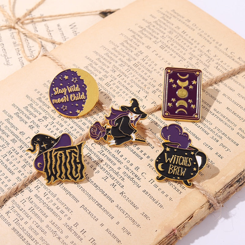 Witch Enamel Pin | Witchcraft Brooch & Tarot Cards, Moon Phase, Witches Hat