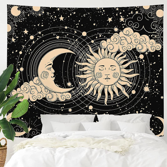 Sun and Moon Tapestry Aesthetic Starry Sky Tapestry Black Dark Spiritual Tapestries Wall Hanging Room Decor for Bedroom Livingro