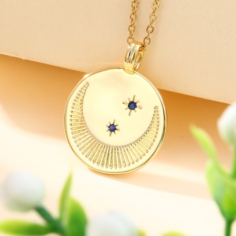 Vintage Stainless Steel Chain Sun Star Moon Pendant Necklace
