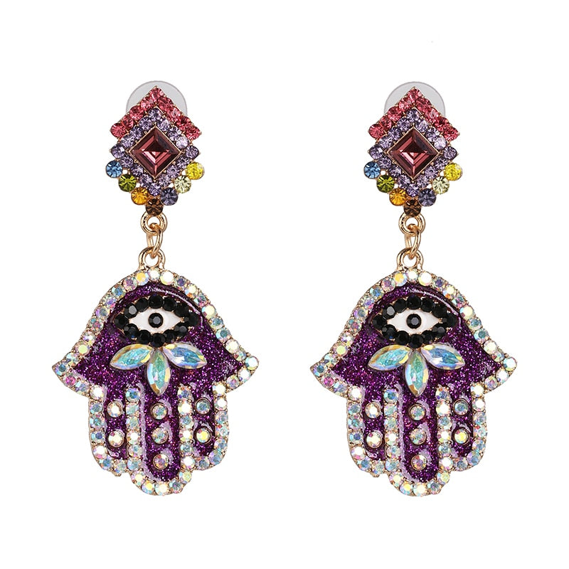 Hamza Evil Eye Crystal Drop Earrings (Purple) | Spiritual Jewelry