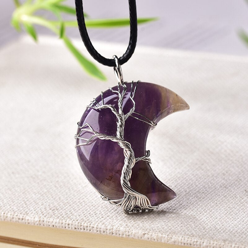 Natural Crystal Quarter Moon Pendant | Spiritual Elemental Jewelry