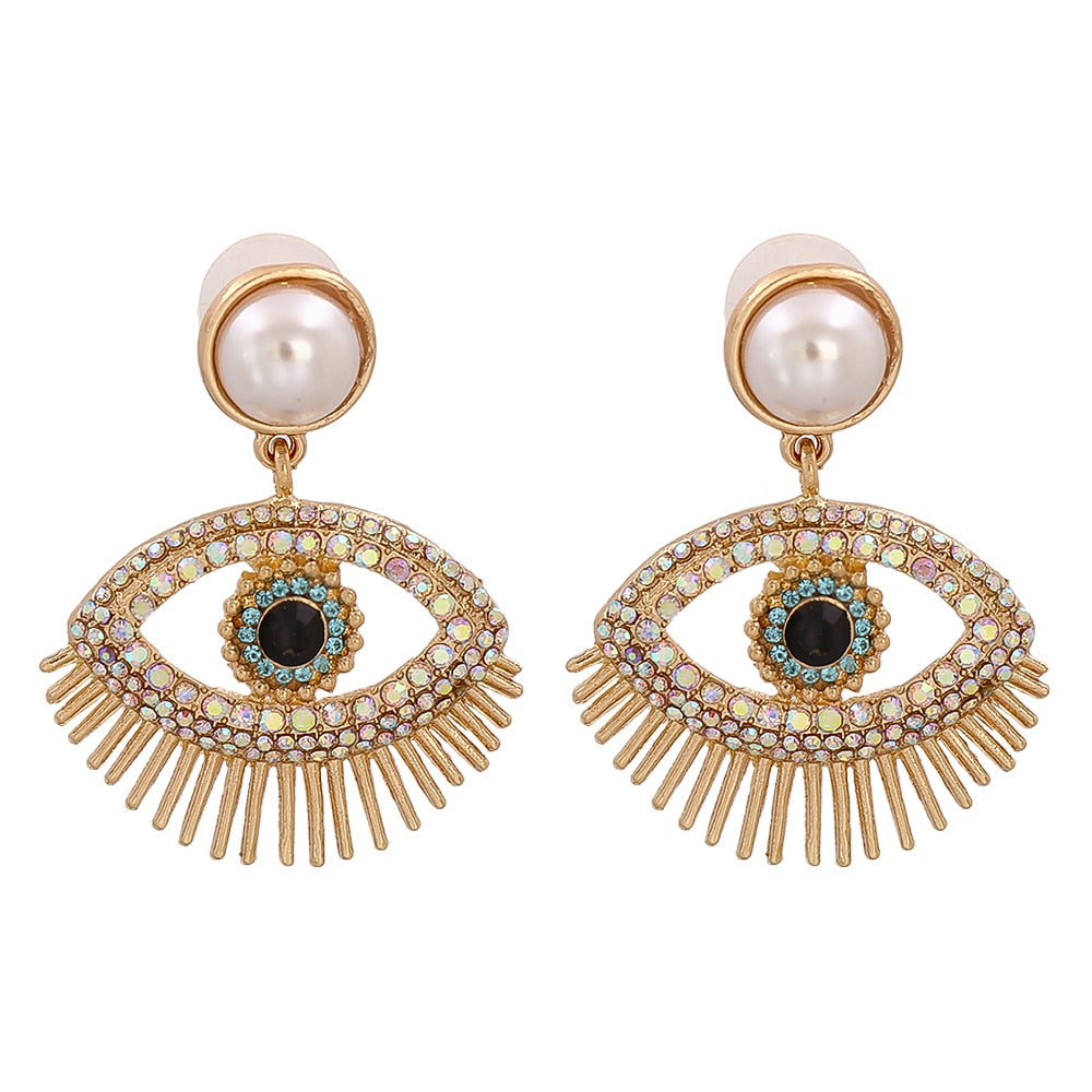 Evil Eye Gold Crystal Pearl Drop Earrings | Spriritual, Boho Jewelry