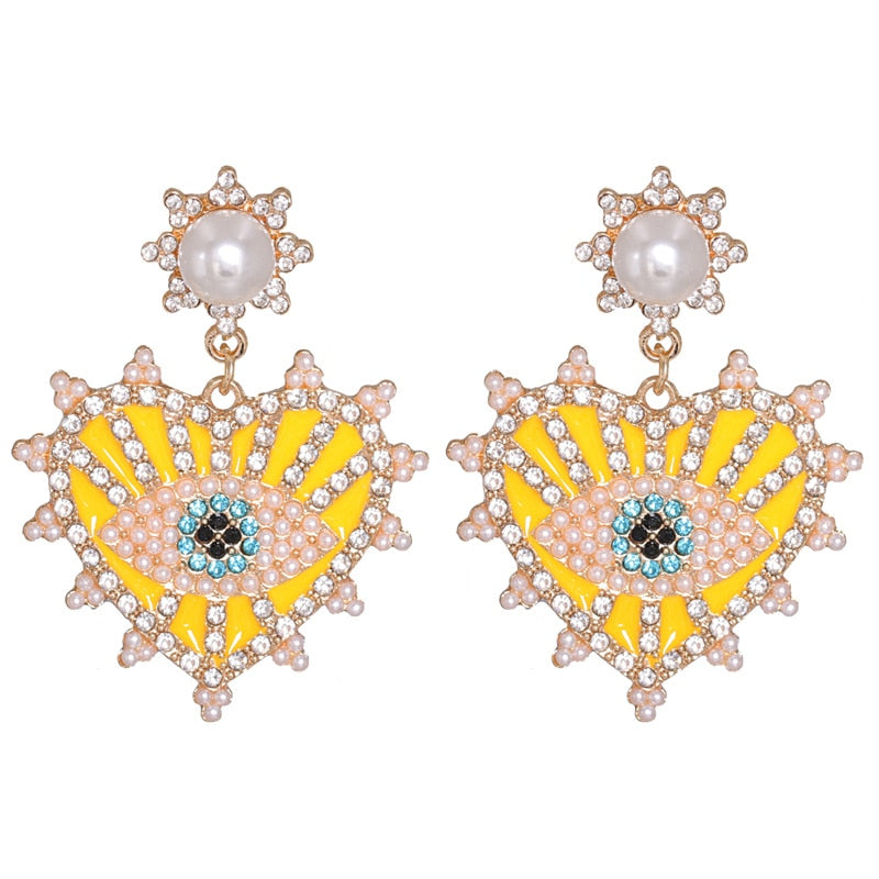 Evil Eye Crystal Pearl Heart Drop Earrings | Spiritual Jewelry