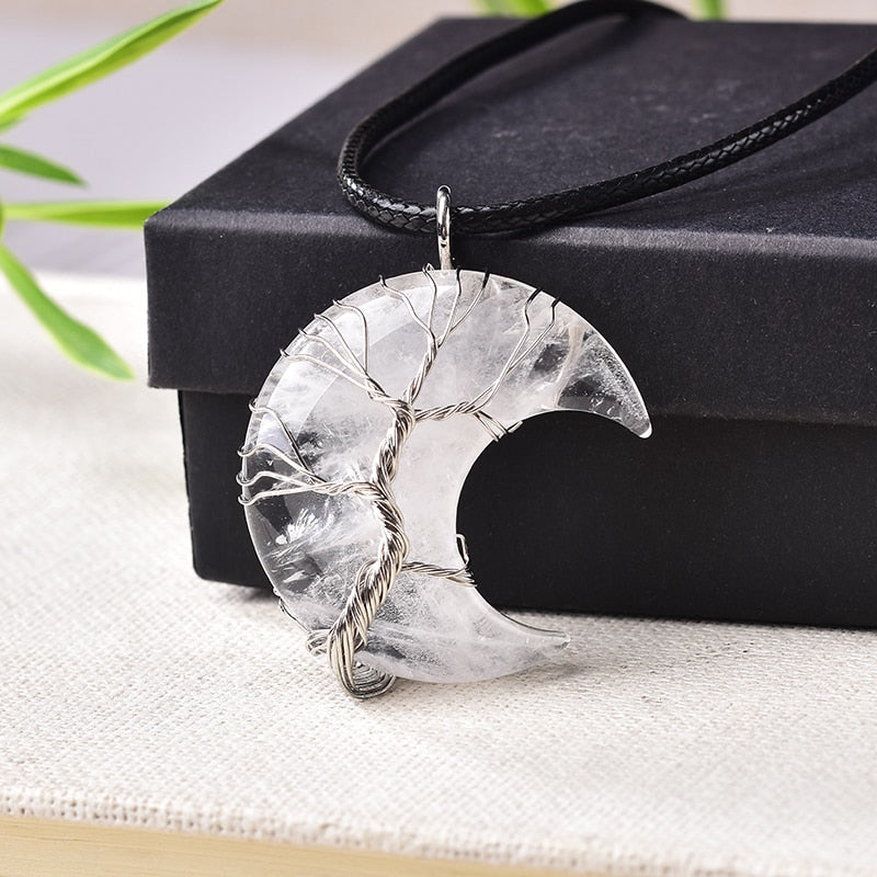 Natural Crystal Quarter Moon Pendant | Spiritual Elemental Jewelry