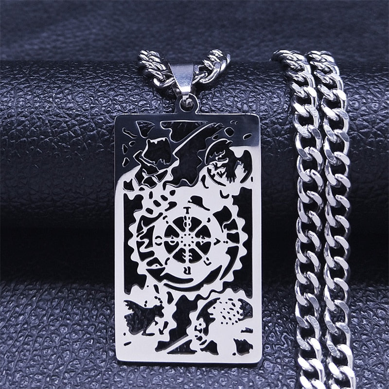 Stainless Steel 'Wheel Of Fortune Tarot Card Necklace | Rider-Waite-Smith Jewelry