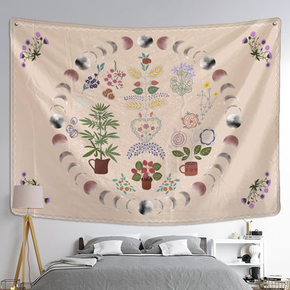 Moon Phase Tapestry Wall Hanging Plants Celestial Flowers Starry Sky Bohemian Witchcraft Hippie Home Decor