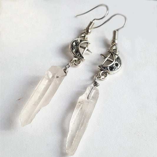 Clear Quartz Moon Earrings | Witchy, Boho, Gothic Style | Esoteric & Celestial Healing Crystals
