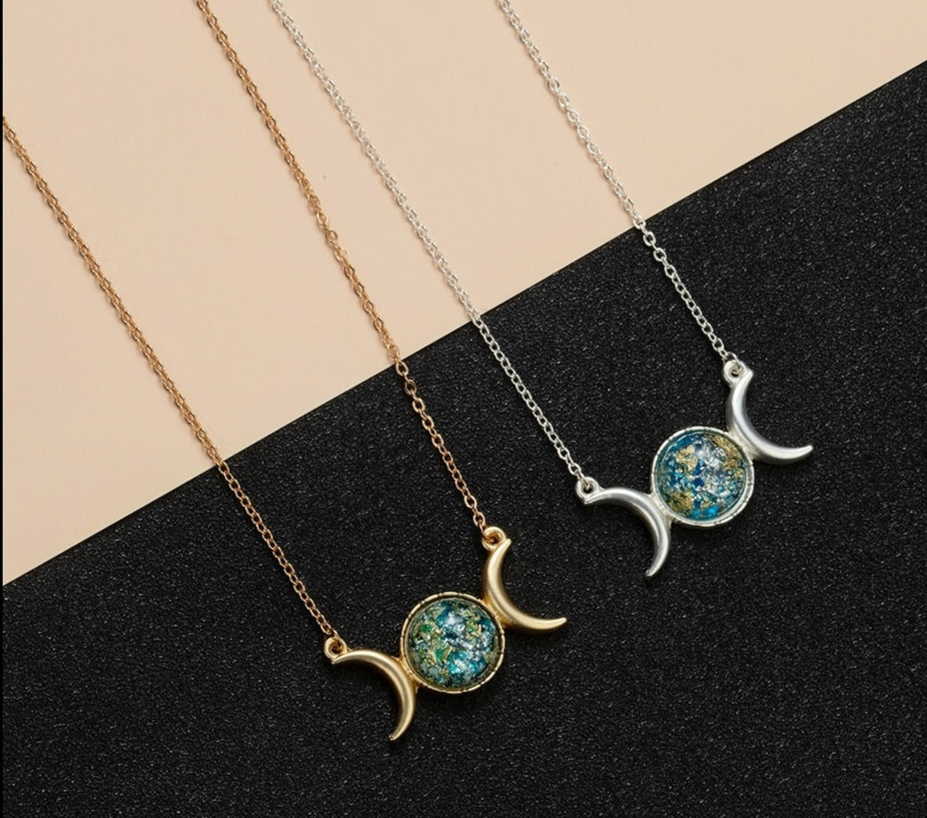 Triple Moon Goddess Necklace & Crescent Moon | Crystal & Stone Earthy Jewelry