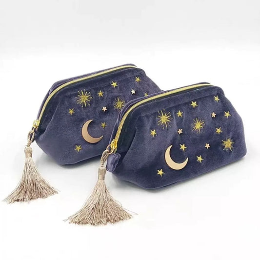 Cosmic Moon and Stars Velvet Cosmetic Bag | Starry Makeup Storage Bag