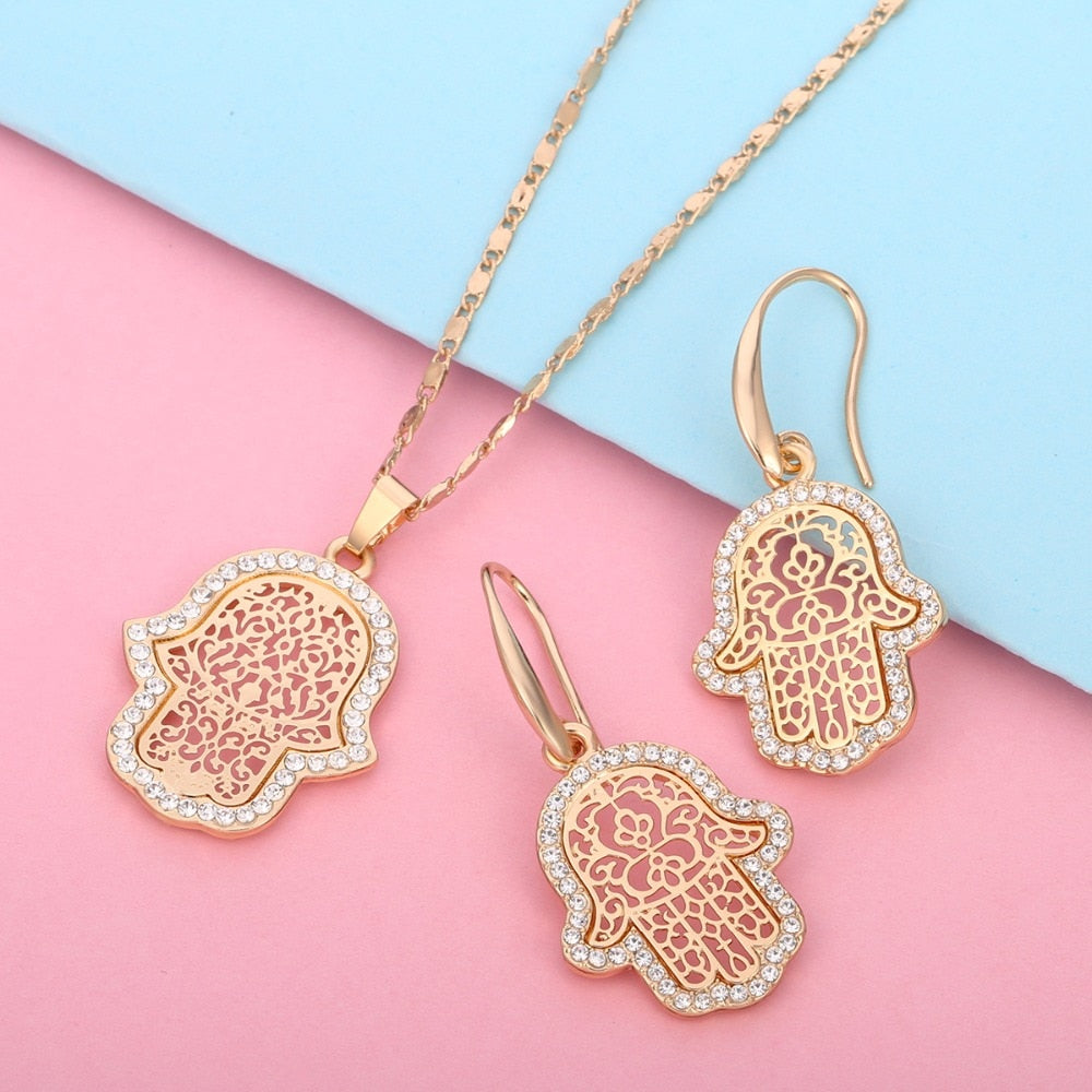 18k Gold Plated Turkish Evil Eye Hand Hamsa Pendant Necklace and Earrings Set | Crystal Jewelry