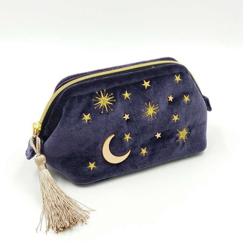 Cosmic Moon and Stars Velvet Cosmetic Bag | Starry Makeup Storage Bag