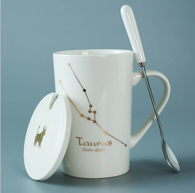 Black/White Ceramic Zodiac Mugs, 12 Constellations with Spoon & Lid | Coffee and Tea Accessories