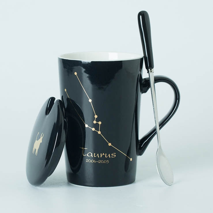 Black/White Ceramic Zodiac Mugs, 12 Constellations with Spoon & Lid | Coffee and Tea Accessories