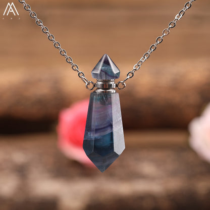Natural Gems Stone Faceted Prism Perfume Bottle Pendants Necklace,Cut Hexagon Points Crystal Essential Oil Diffuser Vial Charms