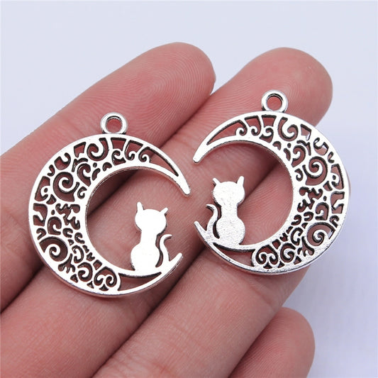 Antique Silver Moon Cat Charms - Pendant | For Jewelry Making, DIY Jewelry