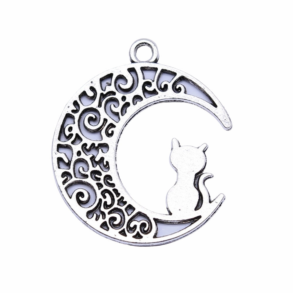 Antique Silver Moon Cat Charms - Pendant | For Jewelry Making, DIY Jewelry