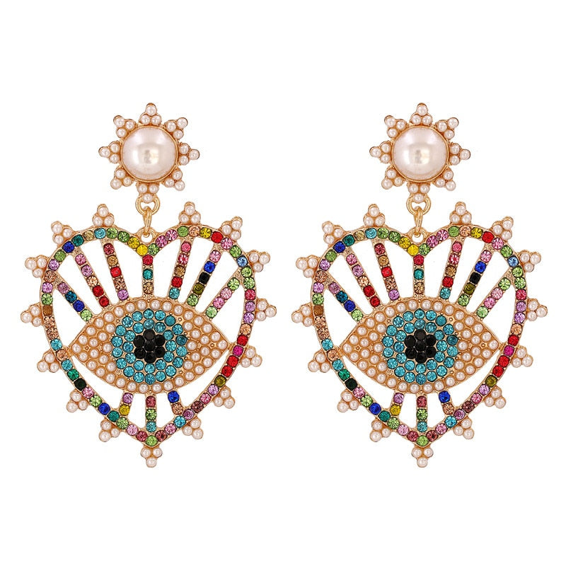 Evil Eye Crystal Heart Drop Earrings | Spiritual Jewelry