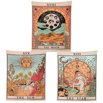 Tarot Flag Tapestry - The Sun, The Moon and The Star - Bohemian Cotton Printed Hand Made Wall Hanging Tapestries ,Pack of 3