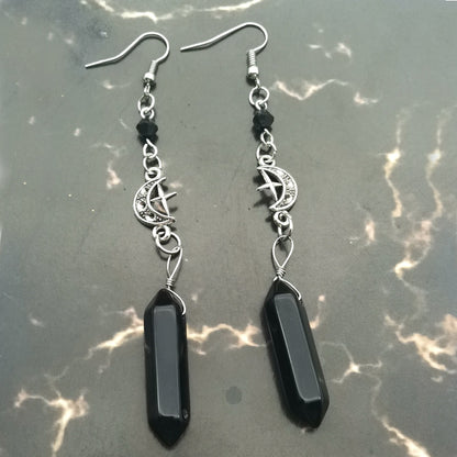 Quartz Crystal Crescent Earrings | Witch, Occult Style Jewelry