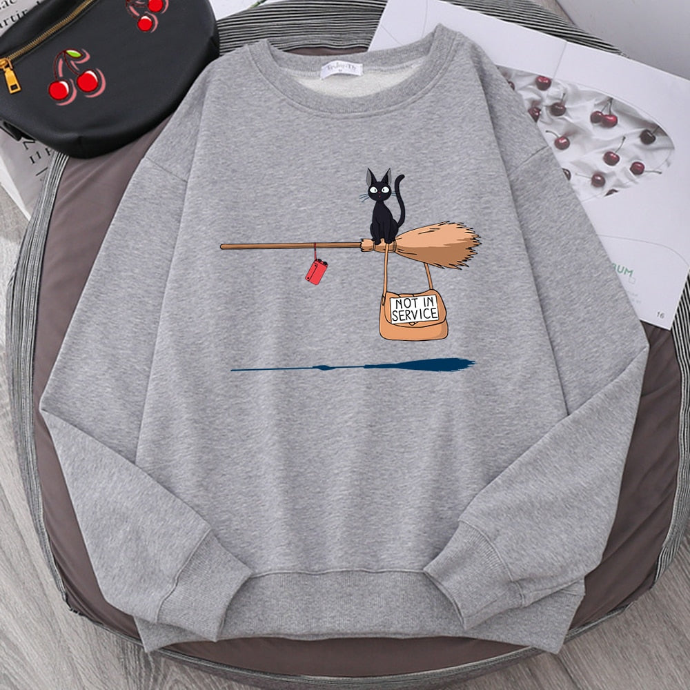 Cute Cat 'Not In Service' Print Hoodies | Casual Crewneck Sweatshirt for Women & Witches