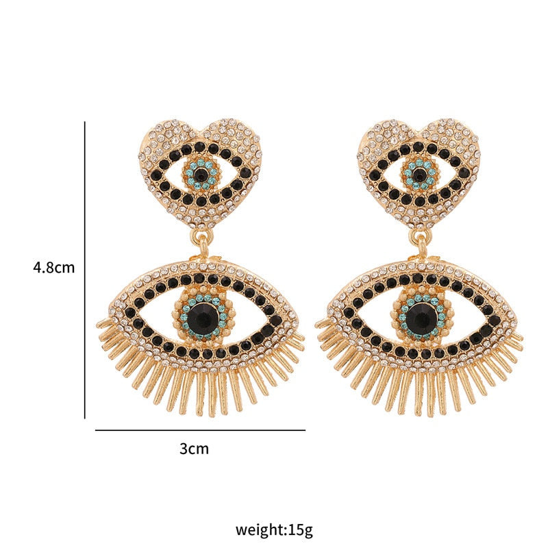 Evil Eye Gold Crystal Heart Drop Earrings | Spiritual Jewelry