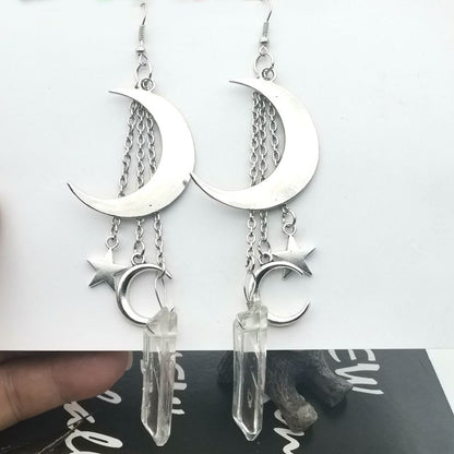 Quartz Crystal Moon and Stars Earrings | Witchy Jewelry